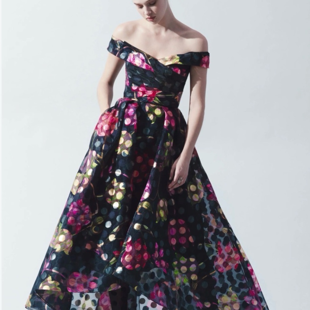 Formal Off The Shoulder Floral Party Dress with Pink and Green Accents